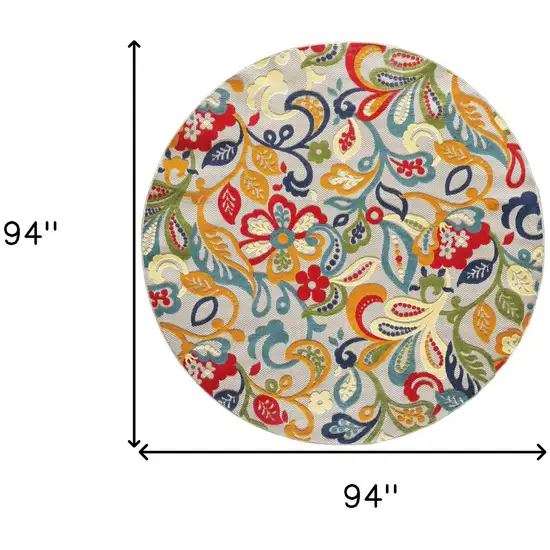 Ivory And Blue Round Floral Stain Resistant Indoor Outdoor Area Rug Photo 6