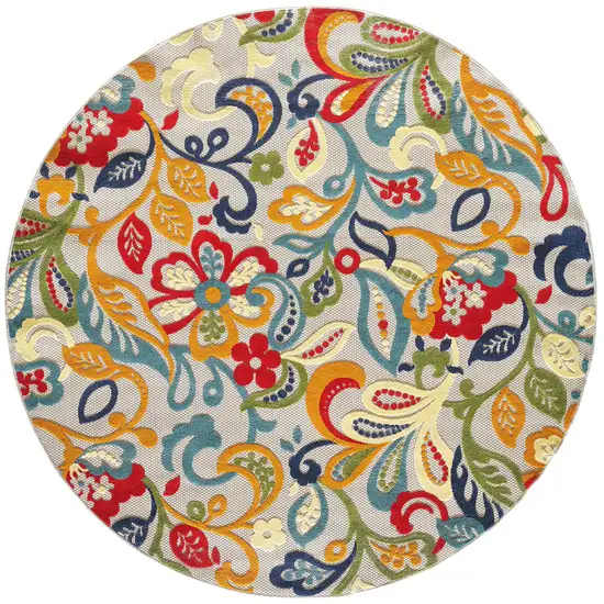 8' Round Multicolor Jacobean Floral Indoor Outdoor Area Rug Photo 4