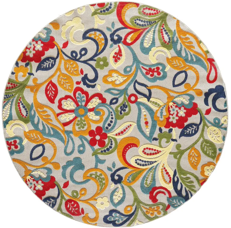 8' Round Multicolor Jacobean Floral Indoor Outdoor Area Rug Photo 4