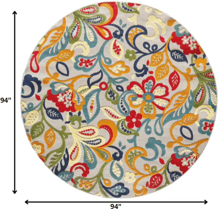 8' Round Multicolor Jacobean Floral Indoor Outdoor Area Rug Photo 3