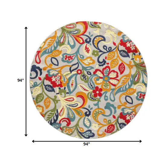 8' Round Multicolor Jacobean Floral Indoor Outdoor Area Rug Photo 3