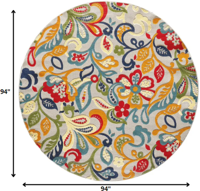 8' Round Multicolor Jacobean Floral Indoor Outdoor Area Rug Photo 3