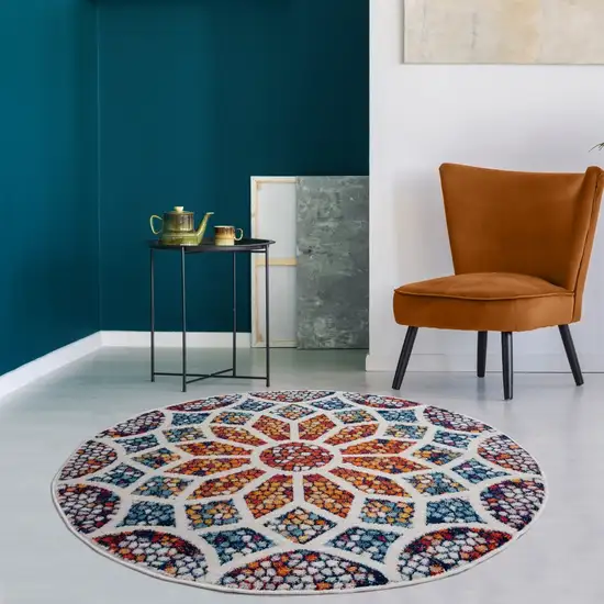 4' Round Multicolored Floral Mosaic Area Rug Photo 7