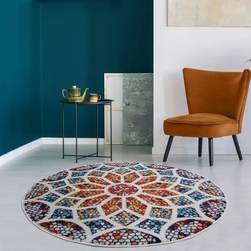 4' Round Multicolored Floral Mosaic Area Rug Photo 7