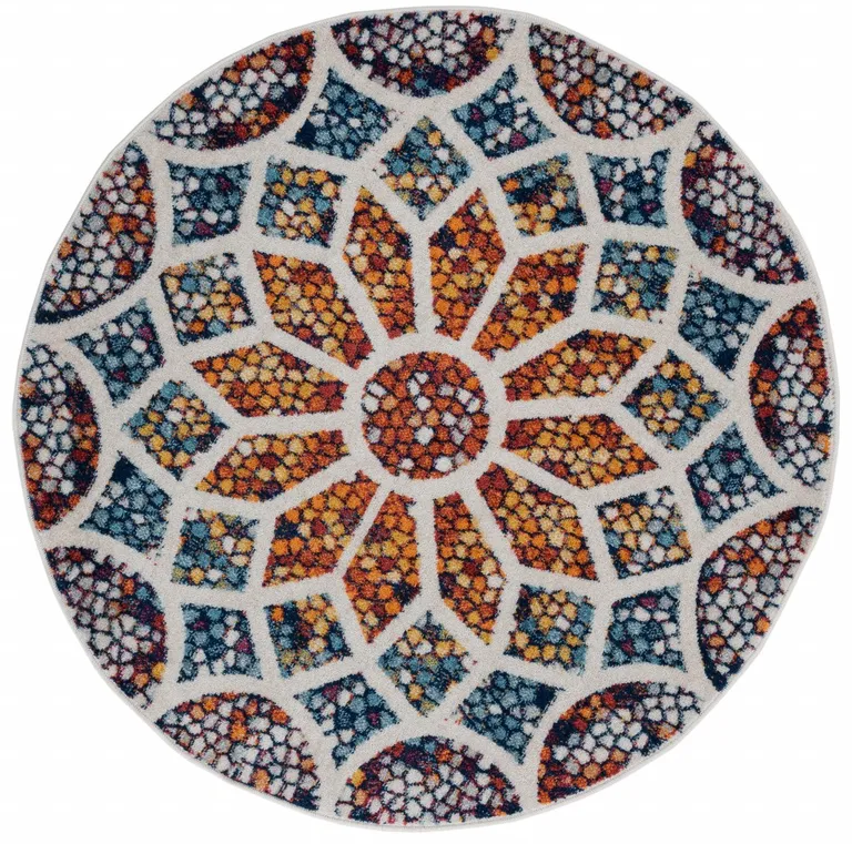 7' Round Multicolored Floral Mosaic Area Rug Photo 1