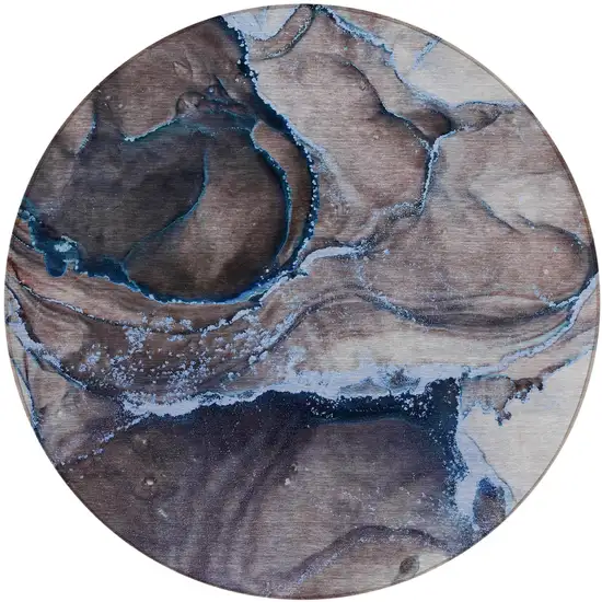 Navy Blue Round Abstract Washable Non Skid Indoor Outdoor Area Rug Photo 2