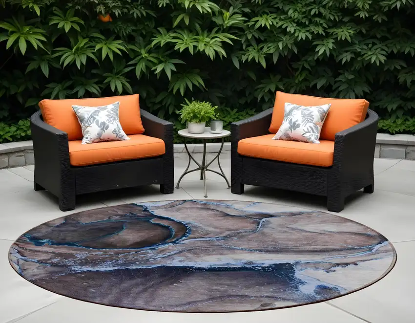 Navy Blue Round Abstract Washable Non Skid Indoor Outdoor Area Rug Photo 1