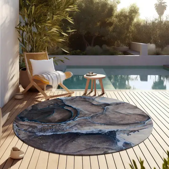 Navy Blue Round Abstract Washable Non Skid Indoor Outdoor Area Rug Photo 8
