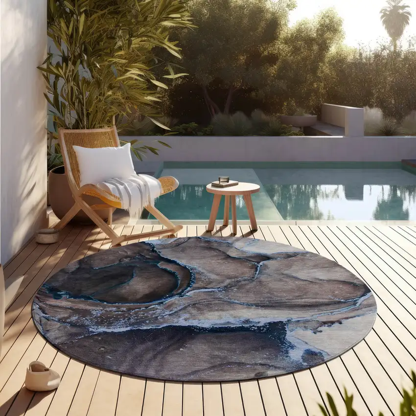 Navy Blue Round Abstract Washable Non Skid Indoor Outdoor Area Rug Photo 8