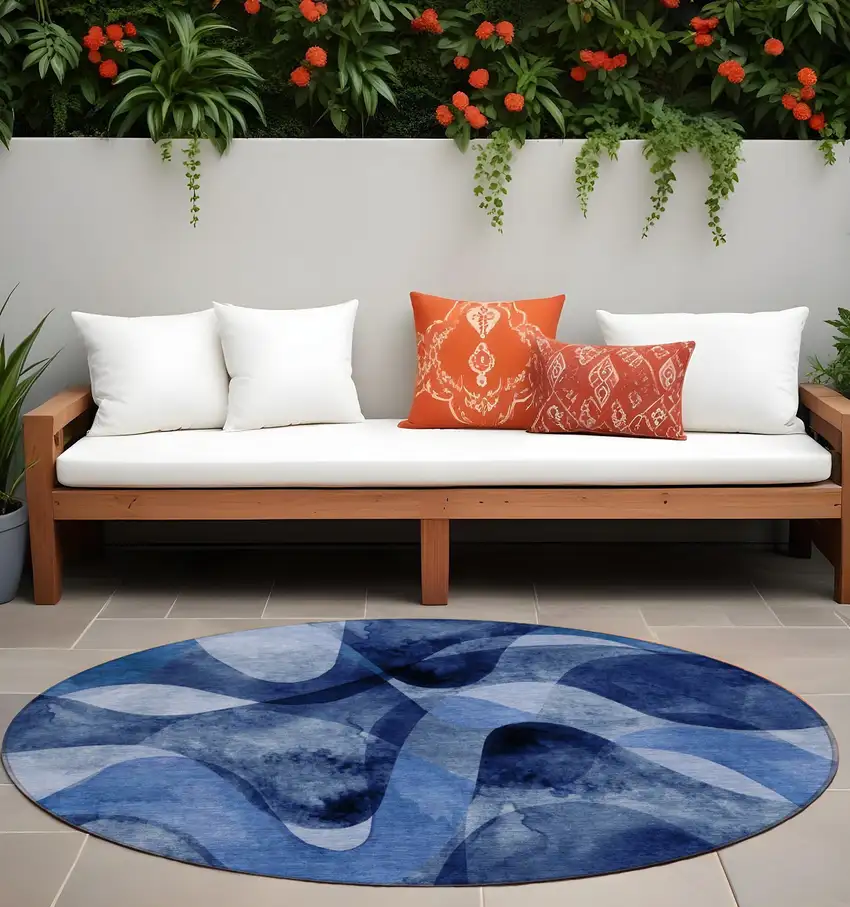 Navy Blue Round Abstract Washable Non Skid Indoor Outdoor Area Rug Photo 1
