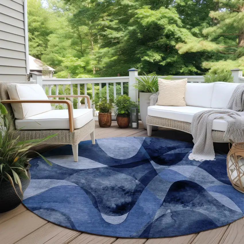 Navy Blue Round Abstract Washable Non Skid Indoor Outdoor Area Rug Photo 6