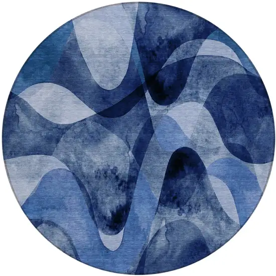 Navy Blue Round Abstract Washable Non Skid Indoor Outdoor Area Rug Photo 2
