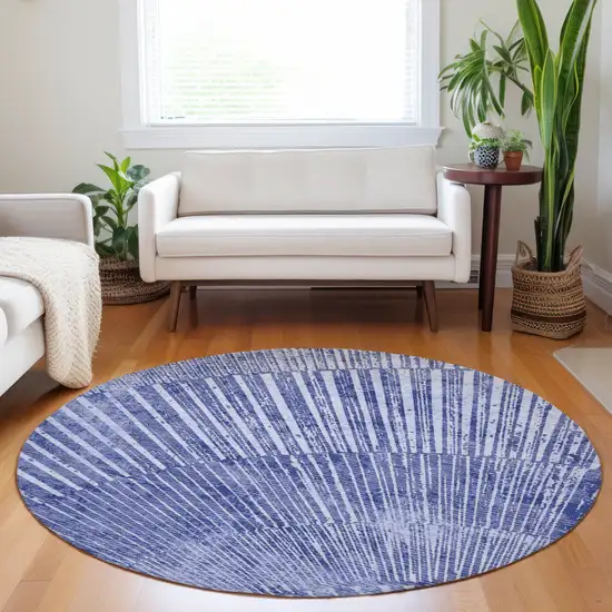Navy Blue Round Abstract Washable Non Skid Indoor Outdoor Area Rug Photo 9