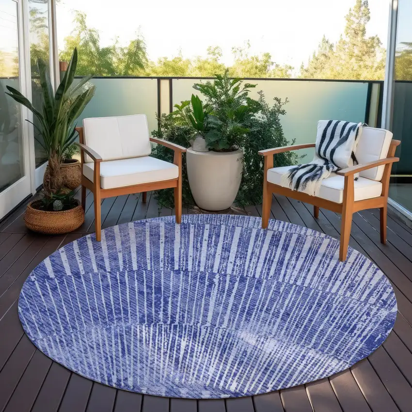 Navy Blue Round Abstract Washable Non Skid Indoor Outdoor Area Rug Photo 8