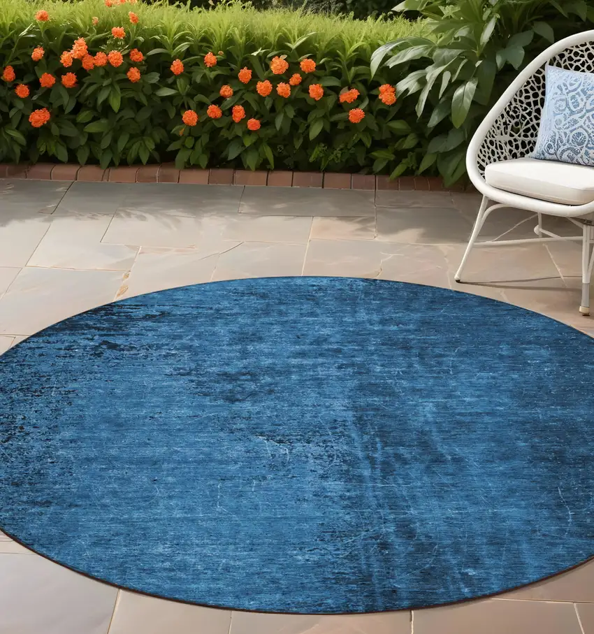 Navy Blue Round Abstract Washable Non Skid Indoor Outdoor Area Rug Photo 1