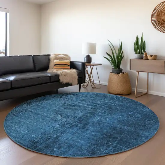 Navy Blue Round Abstract Washable Non Skid Indoor Outdoor Area Rug Photo 9