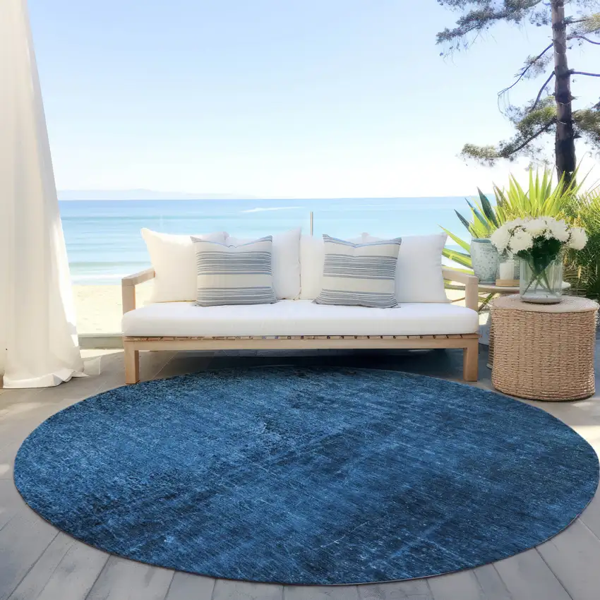 Navy Blue Round Abstract Washable Non Skid Indoor Outdoor Area Rug Photo 8