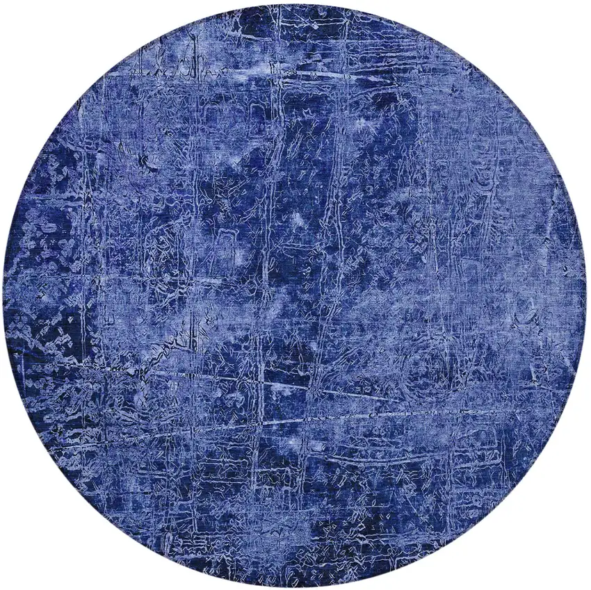 Navy Blue Round Abstract Washable Non Skid Indoor Outdoor Area Rug Photo 3