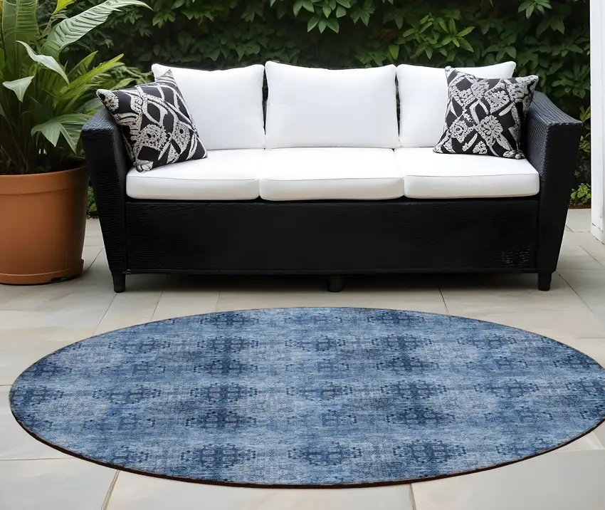 Navy Blue Round Floral Medallion Washable Non Skid Indoor Outdoor Area Rug Photo 1