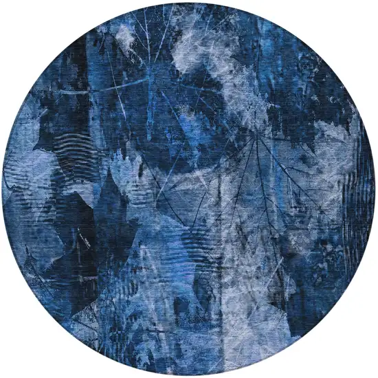 Navy Blue Round Floral Washable Non Skid Indoor Outdoor Area Rug Photo 5