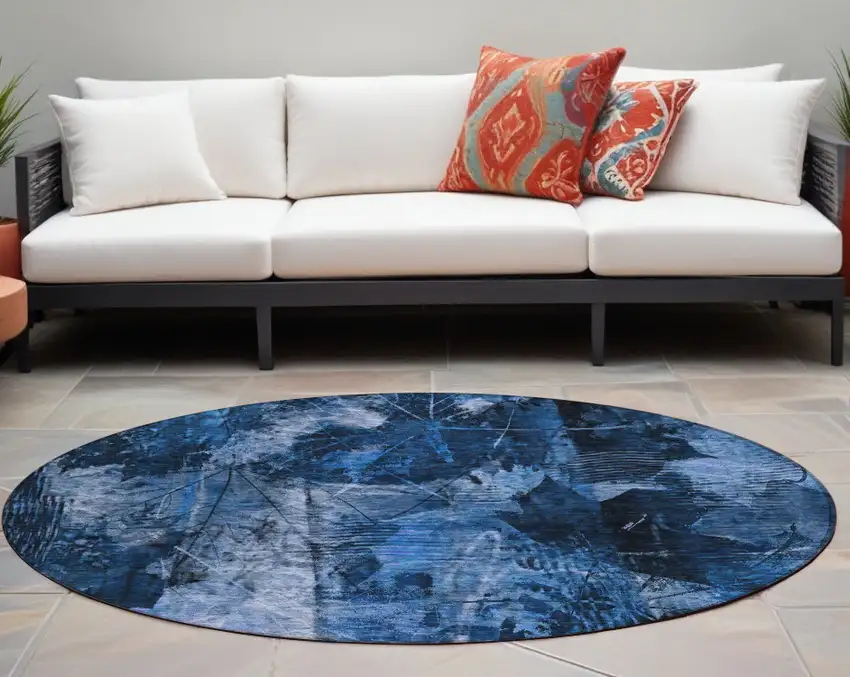8' Round Navy Blue Round Floral Washable Non Skid Indoor Outdoor Area Rug Photo 1