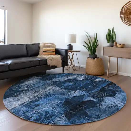 8' Round Navy Blue Round Floral Washable Non Skid Indoor Outdoor Area Rug Photo 9