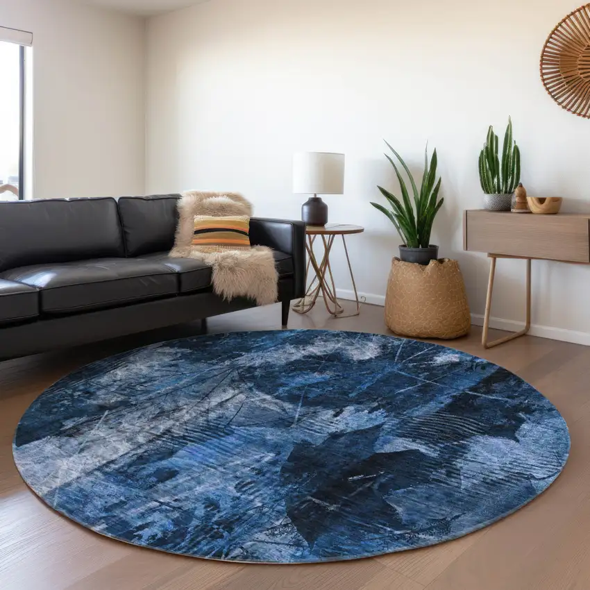 8' Round Navy Blue Round Floral Washable Non Skid Indoor Outdoor Area Rug Photo 9