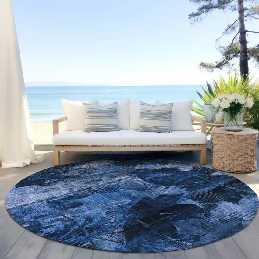 Navy Blue Round Floral Washable Non Skid Indoor Outdoor Area Rug Photo 8
