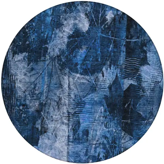 8' Round Navy Blue Round Floral Washable Non Skid Indoor Outdoor Area Rug Photo 2