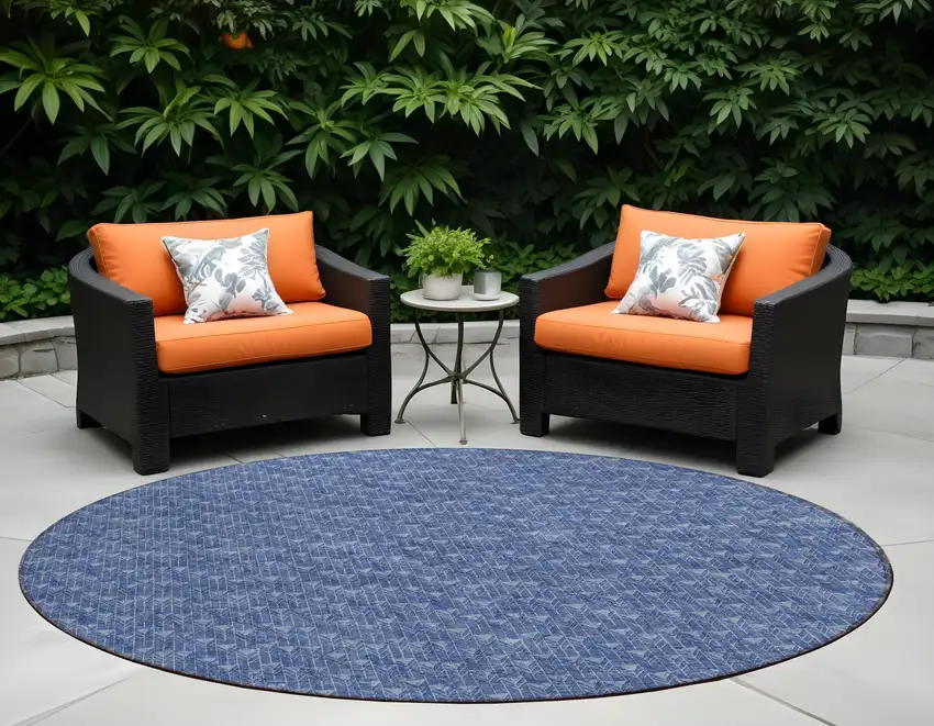 8' Round Navy Blue Round Geometric Washable Non Skid Indoor Outdoor Area Rug Photo 1