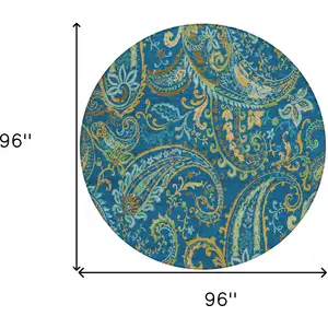 Photo of 8' Round Navy Blue Round Paisley Washable Non Skid Indoor Outdoor Area Rug