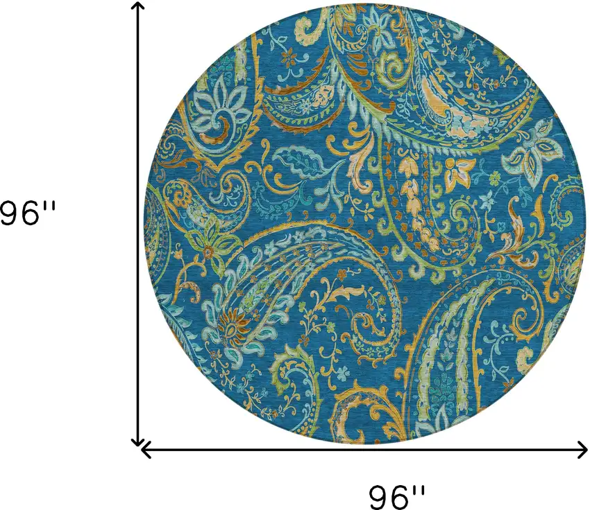 8' Round Navy Blue Round Paisley Washable Non Skid Indoor Outdoor Area Rug Photo 3
