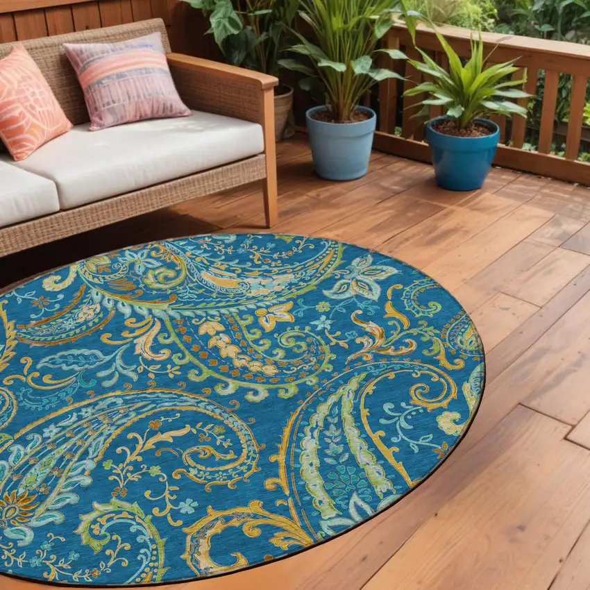 Navy Blue Round Paisley Washable Non Skid Indoor Outdoor Area Rug Photo 1