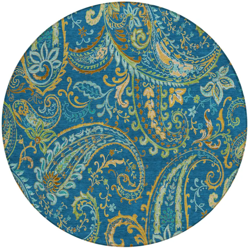 8' Round Navy Blue Round Paisley Washable Non Skid Indoor Outdoor Area Rug Photo 2