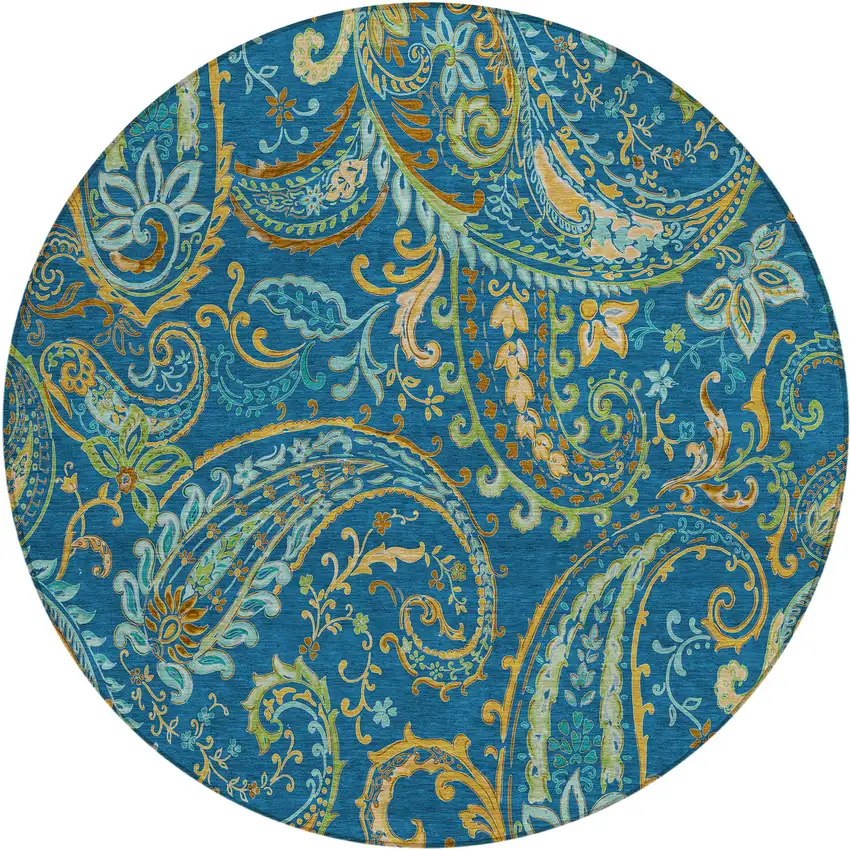 8' Round Navy Blue Round Paisley Washable Non Skid Indoor Outdoor Area Rug Photo 2