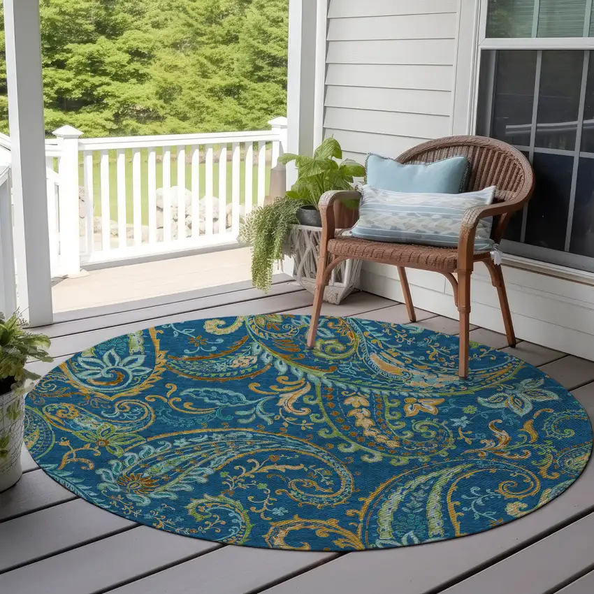 Navy Blue Round Paisley Washable Non Skid Indoor Outdoor Area Rug Photo 9