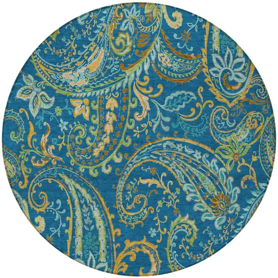 8' Round Navy Blue Round Paisley Washable Non Skid Indoor Outdoor Area Rug Photo 4