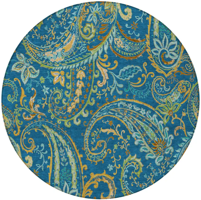 8' Round Navy Blue Round Paisley Washable Non Skid Indoor Outdoor Area Rug Photo 4