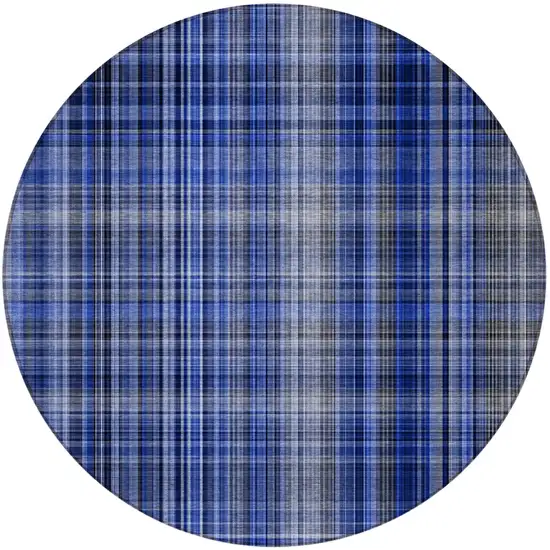Navy Blue Round Plaid Washable Non Skid Indoor Outdoor Area Rug Photo 4