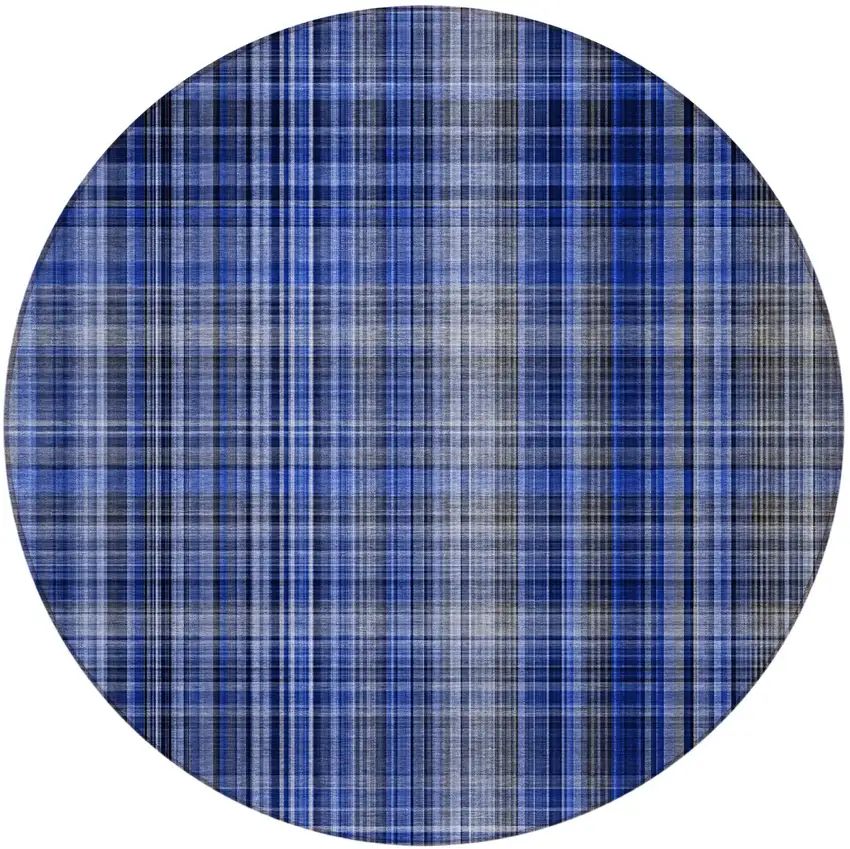 Navy Blue Round Plaid Washable Non Skid Indoor Outdoor Area Rug Photo 4