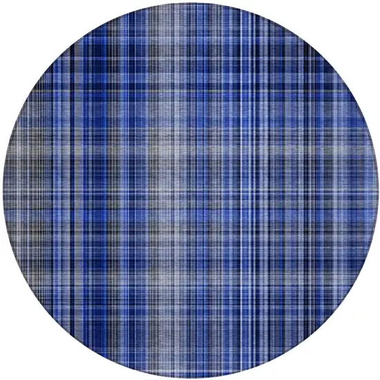 8' Round Navy Blue Round Plaid Washable Non Skid Indoor Outdoor Area Rug Photo 2