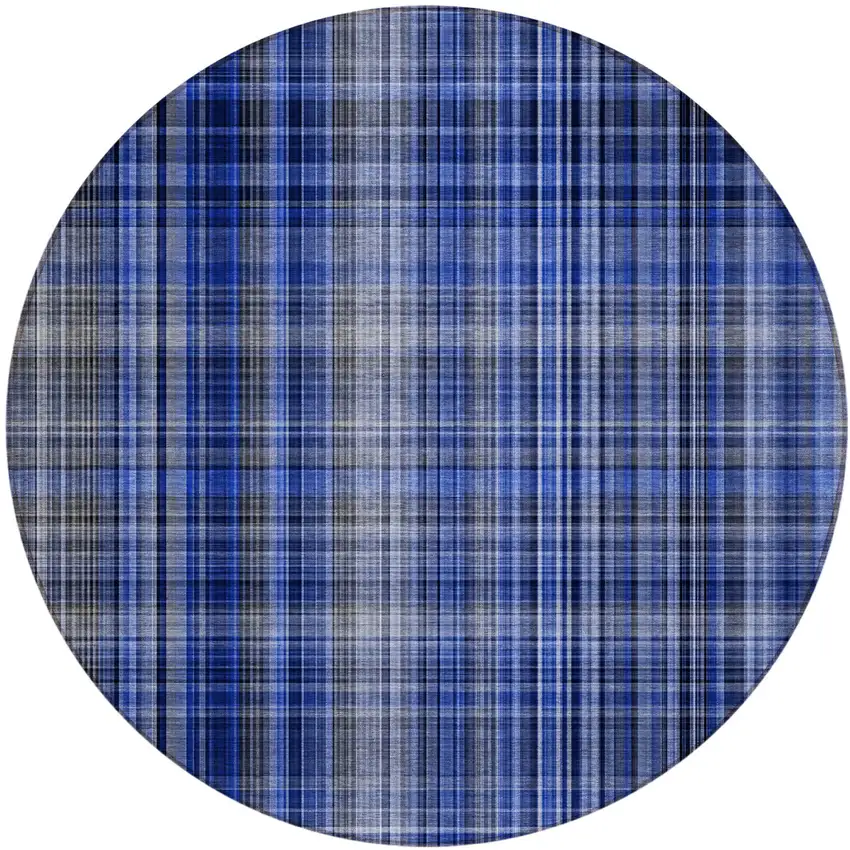 8' Round Navy Blue Round Plaid Washable Non Skid Indoor Outdoor Area Rug Photo 2