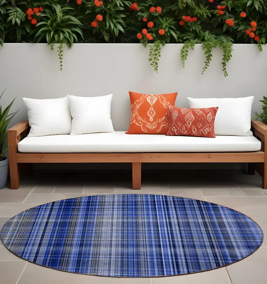 8' Round Navy Blue Round Plaid Washable Non Skid Indoor Outdoor Area Rug Photo 1