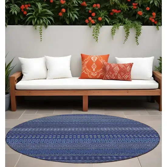 Navy Blue Round Striped Washable Non Skid Indoor Outdoor Area Rug Photo 1