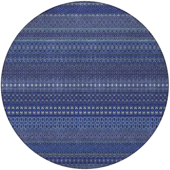 Navy Blue Round Striped Washable Non Skid Indoor Outdoor Area Rug Photo 4