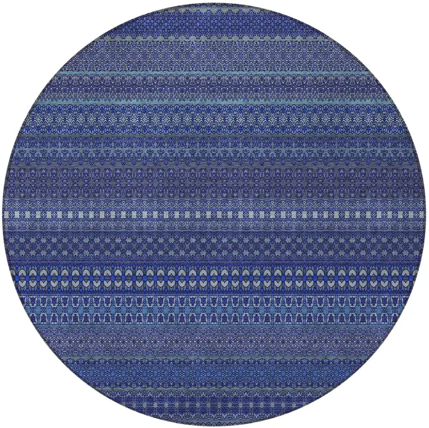 Navy Blue Round Striped Washable Non Skid Indoor Outdoor Area Rug Photo 4