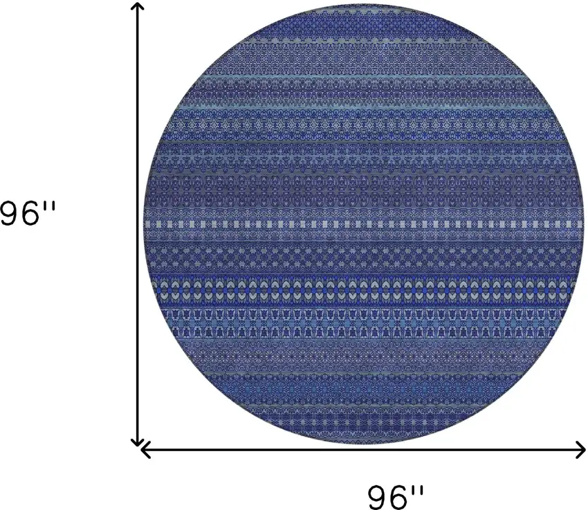 8' Round Navy Blue Round Striped Washable Non Skid Indoor Outdoor Area Rug Photo 3