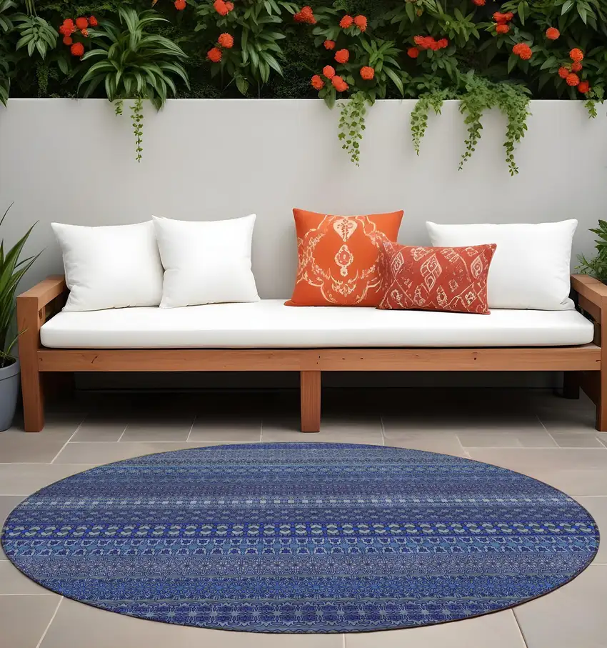 8' Round Navy Blue Round Striped Washable Non Skid Indoor Outdoor Area Rug Photo 1