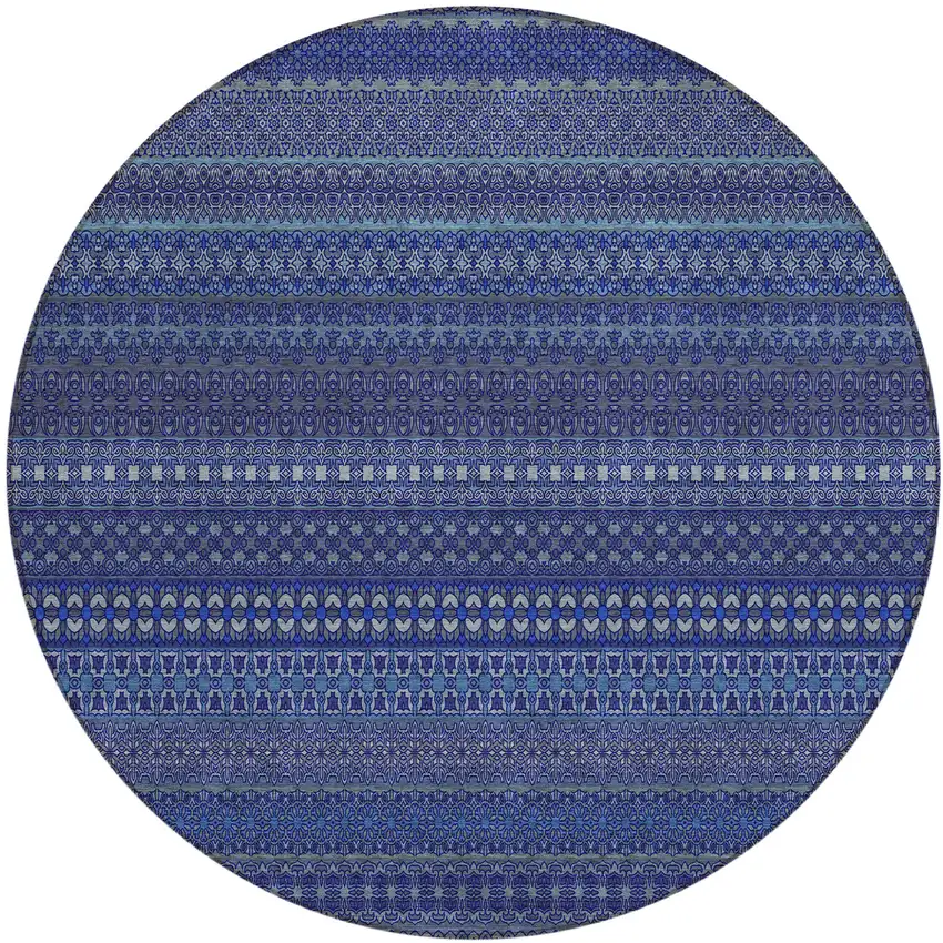 8' Round Navy Blue Round Striped Washable Non Skid Indoor Outdoor Area Rug Photo 2