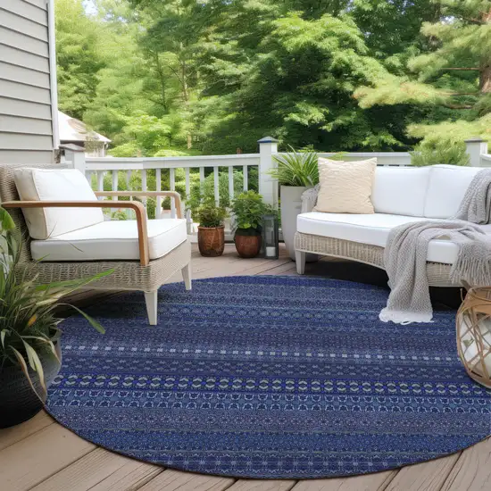Navy Blue Round Striped Washable Non Skid Indoor Outdoor Area Rug Photo 8